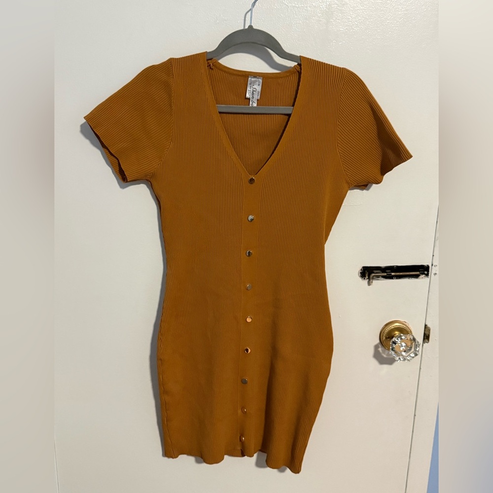 SHUN Ribbed Button-Front V-Neck Mini Dress - Mustard